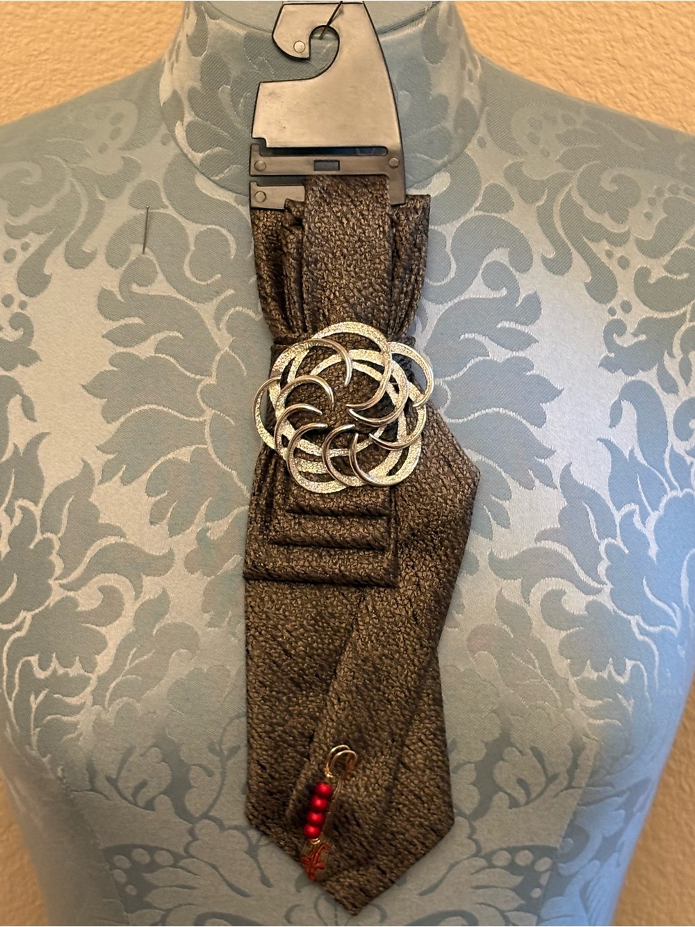 Brown Textured Women’s necktie necklace with Decorative Silver Accent